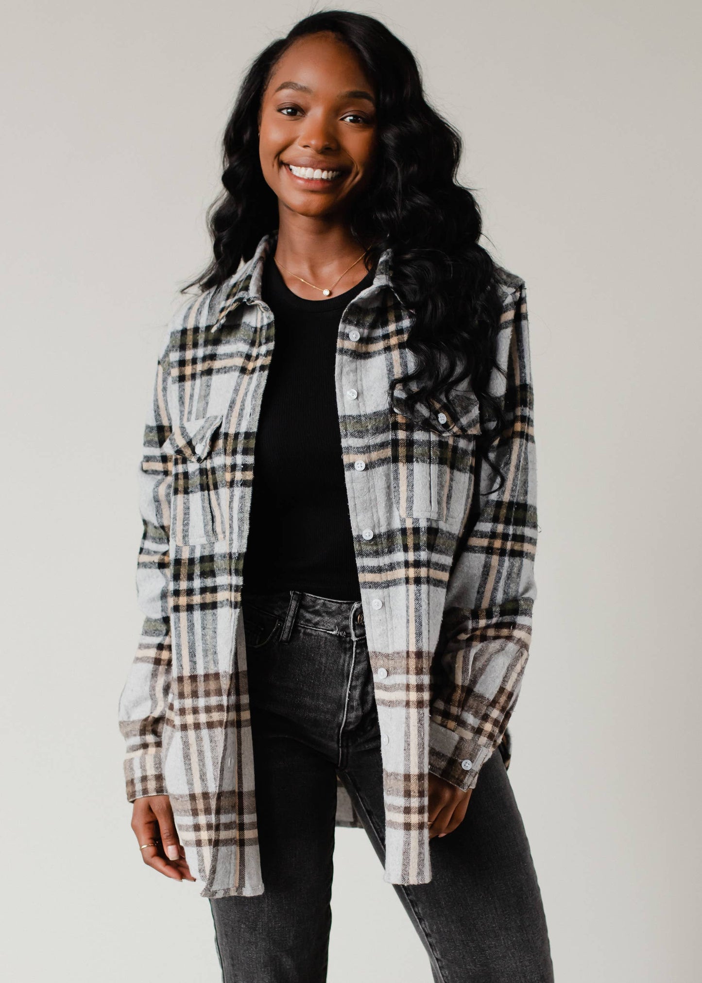 Gray, Tan & Olive Plaid Flannel