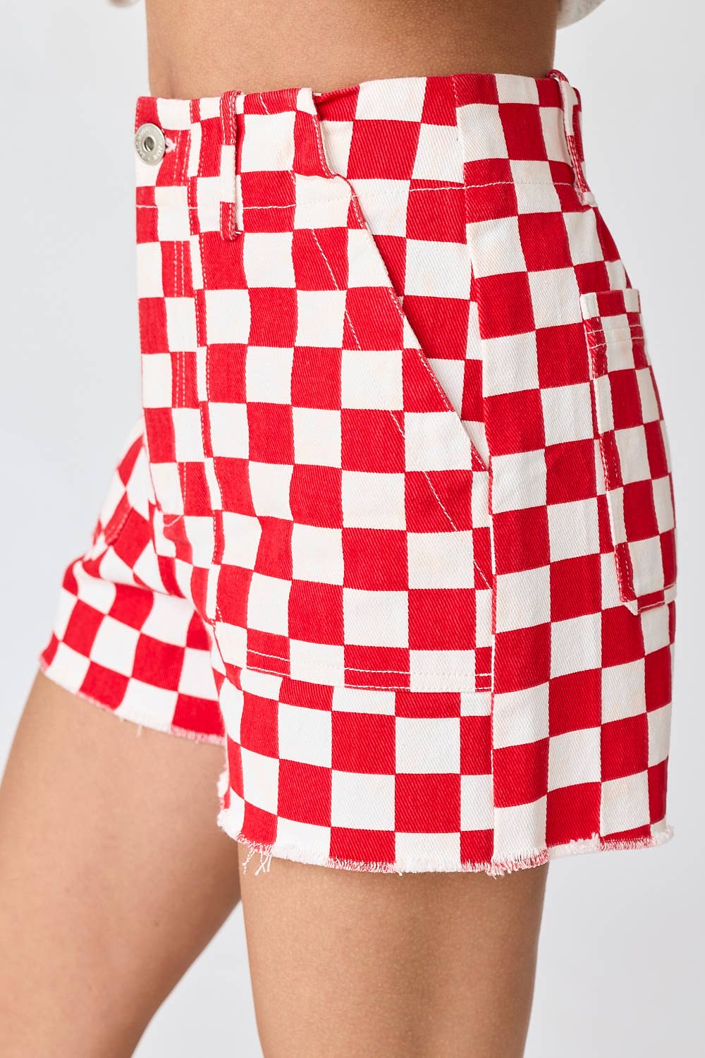 Checkered Denim Shorts in Red