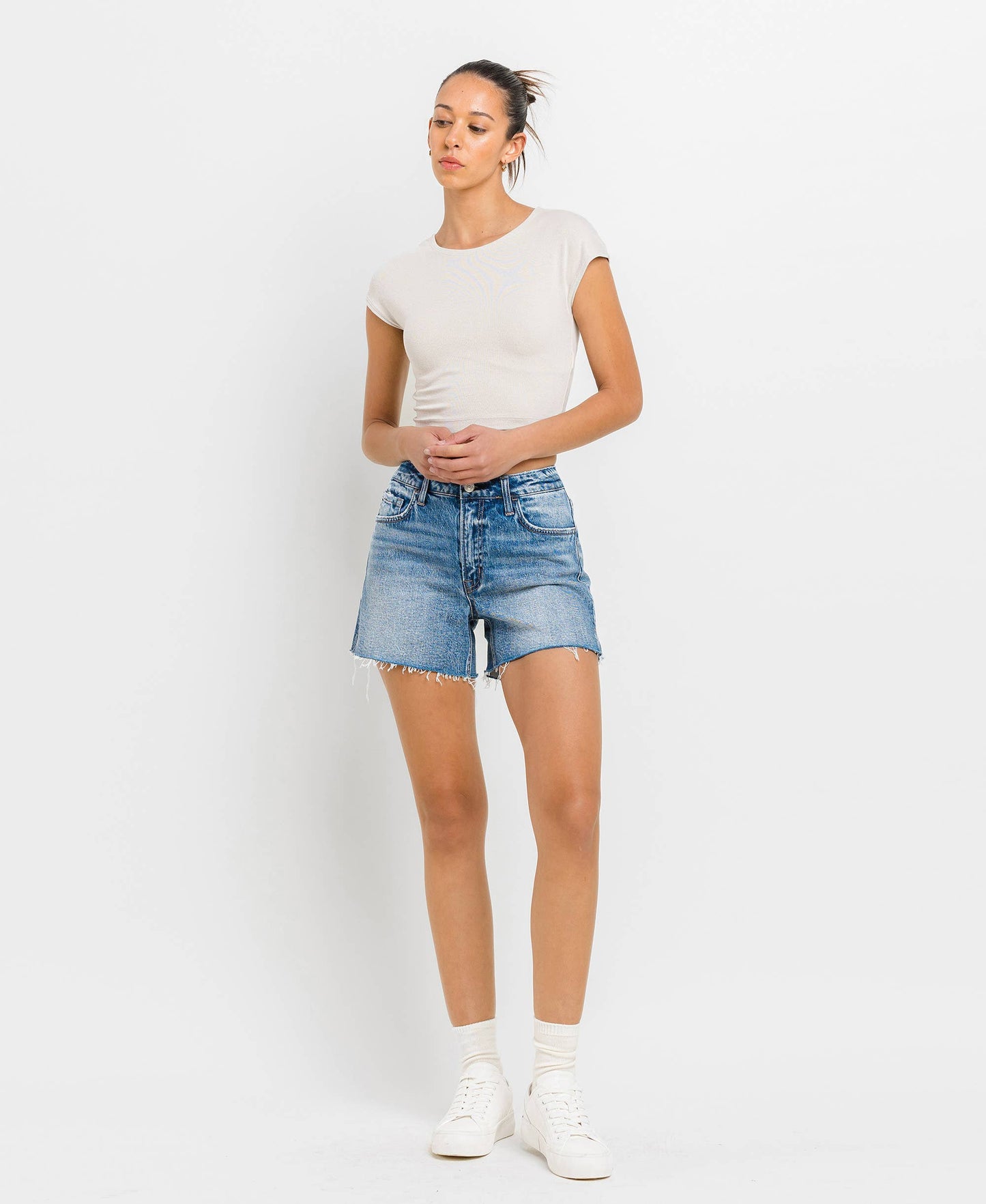 High Rise A Line Denim Shorts