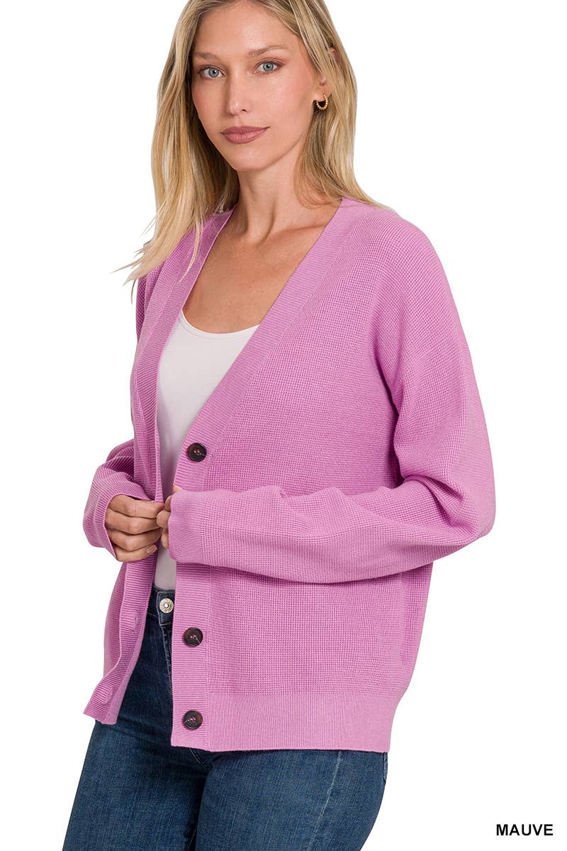 Drop Shoulder Button Cardigan in Mauve