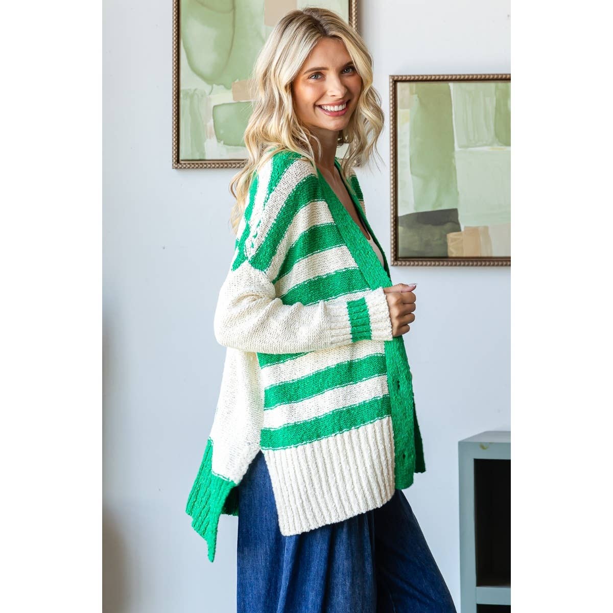Oversized Striped Cardigan in Green