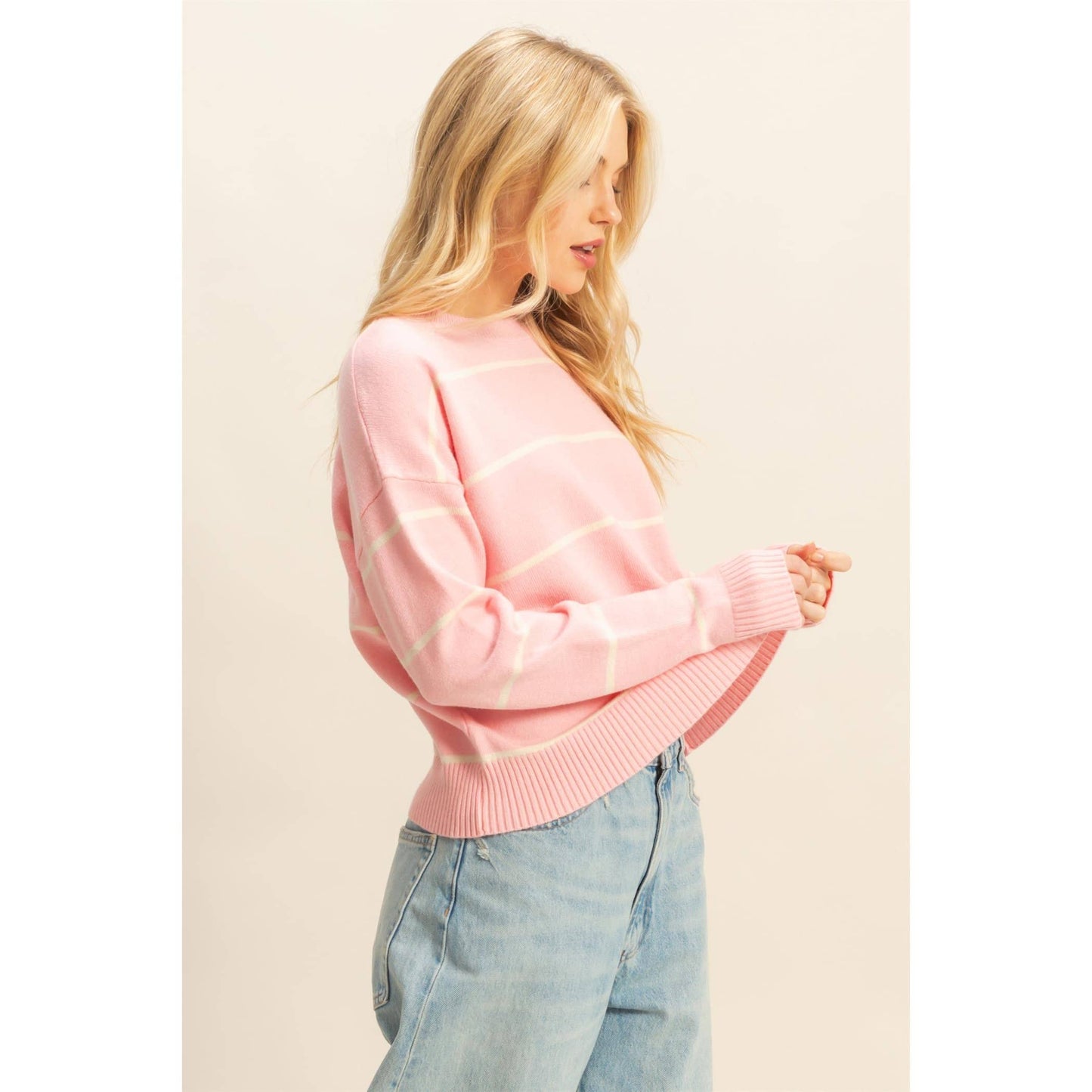Striped Crew Sweater in Pink