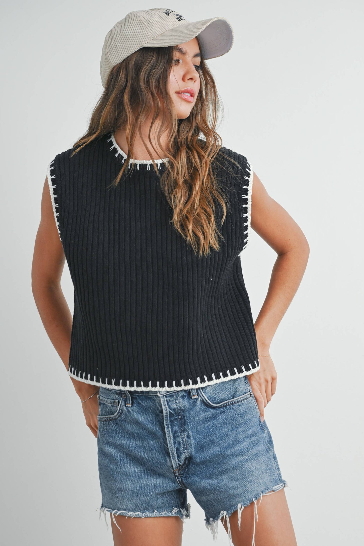 Solid Cap Sleeve Sweater Vest in Black