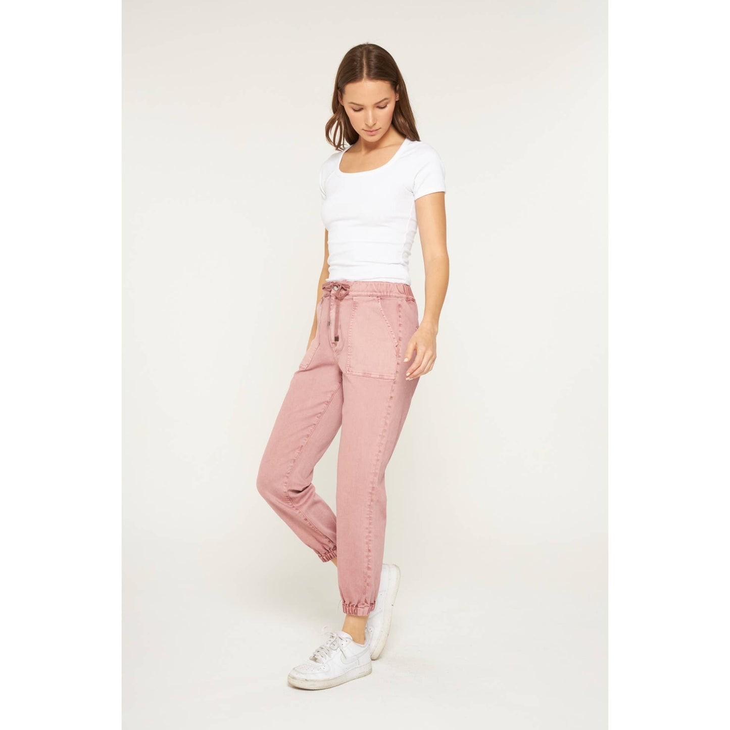 High Rise Denim Jogger in Deep Pink