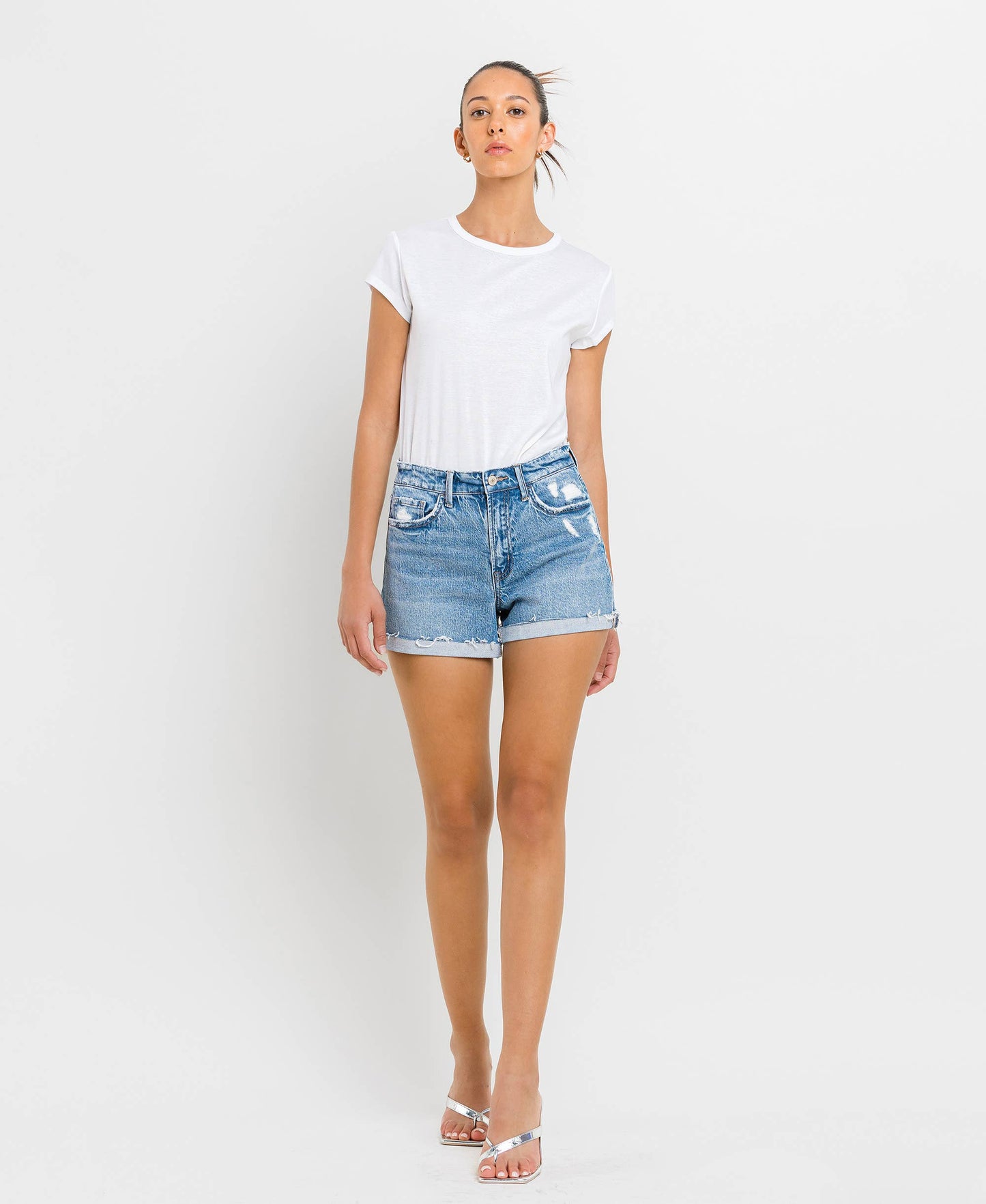 High Rise Cuffed A Line Denim Shorts