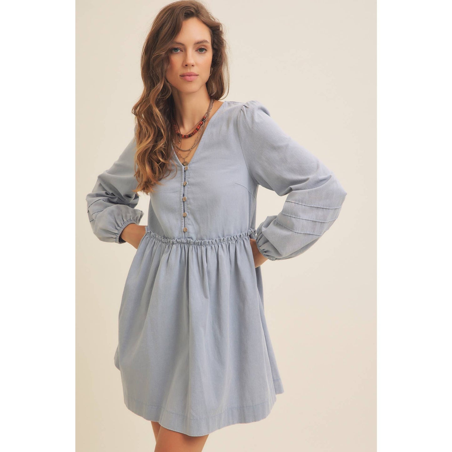 Button Down Mini Dress in Vintage Blue