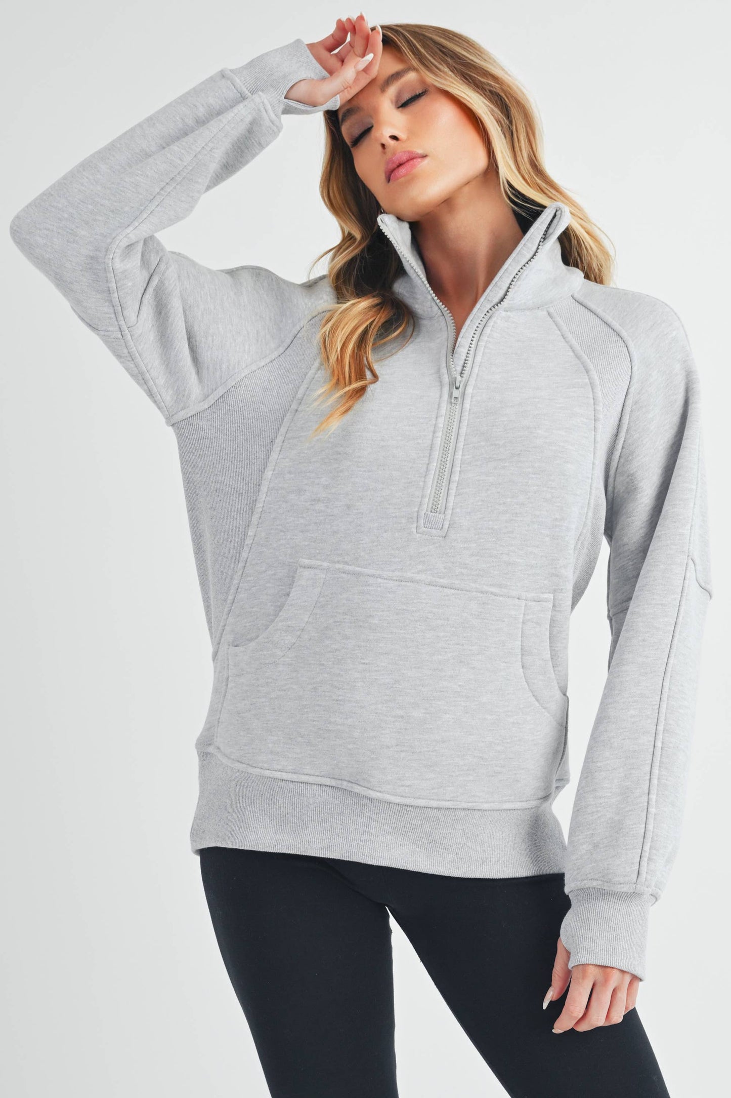 Funnel Neck Half Zip Pullover in Heather Grey