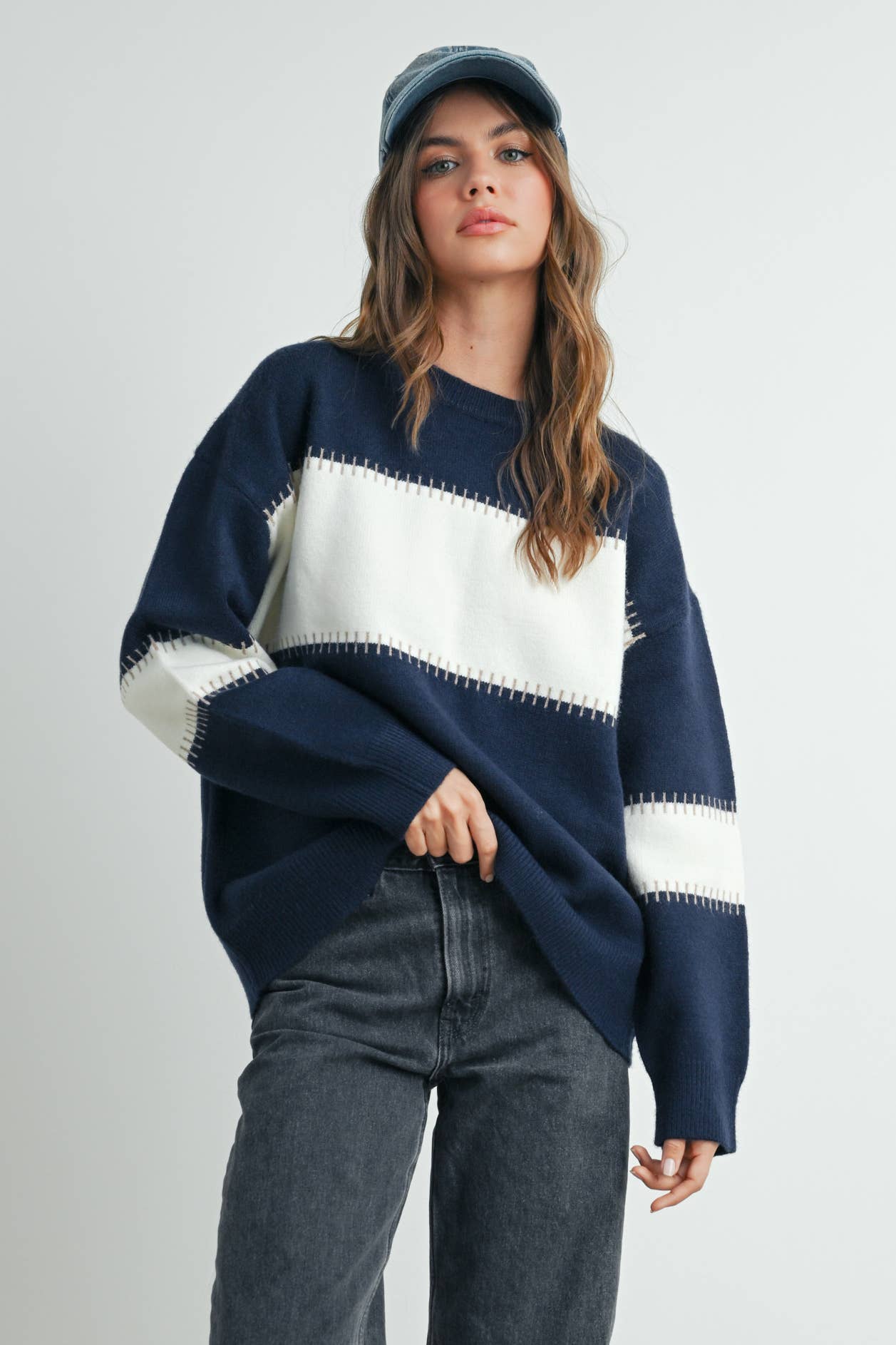 Colorblock Striped Sweater in Navy