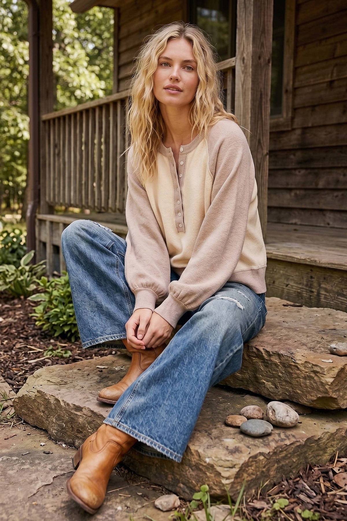Colorblock Henley Sweater in Taupe