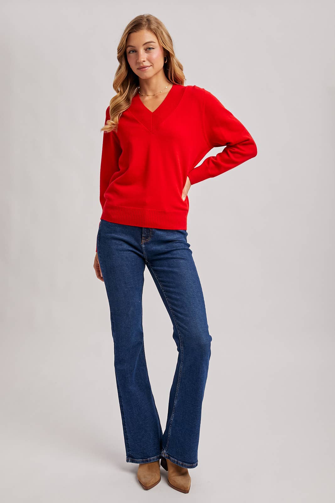 Ribbed V Neck Sweater in Red