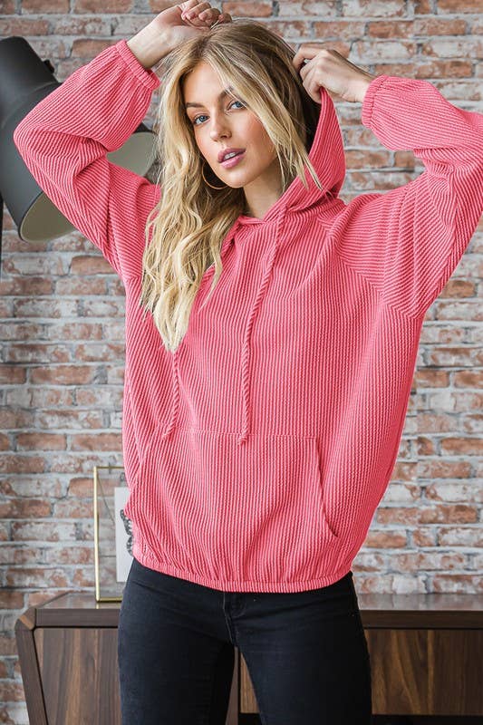 Ribbed Hoodie Top in Coral