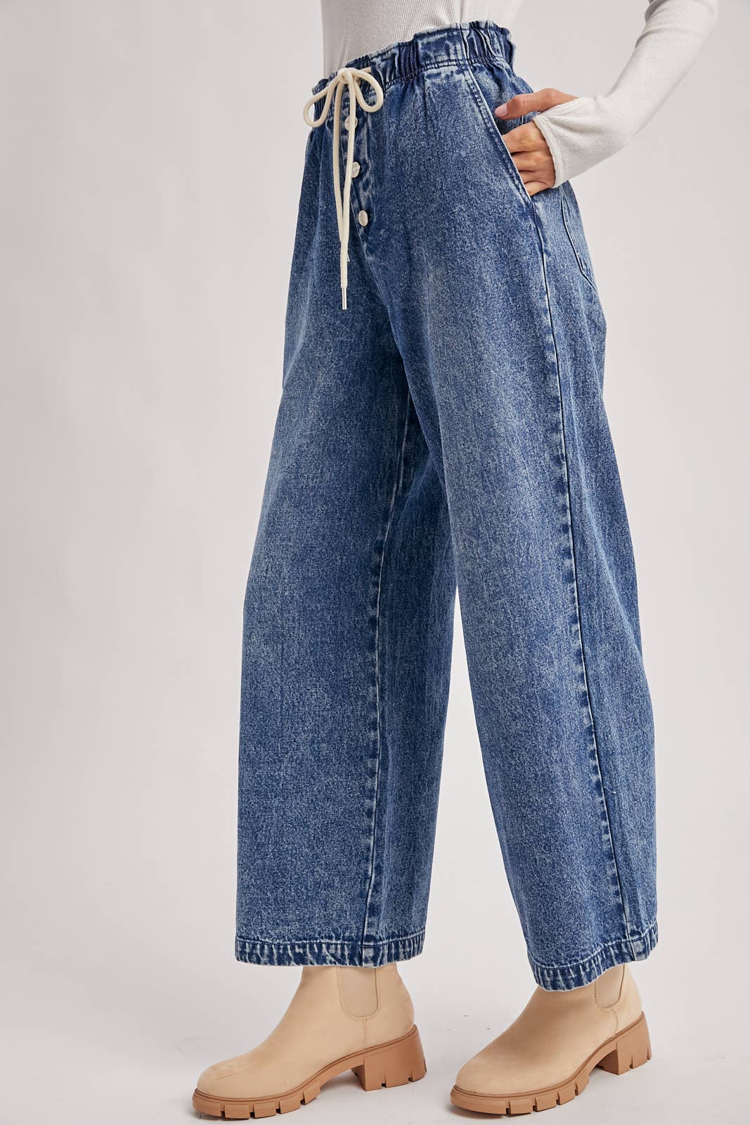 Paperbag Wide Leg Denim in Medium Wash