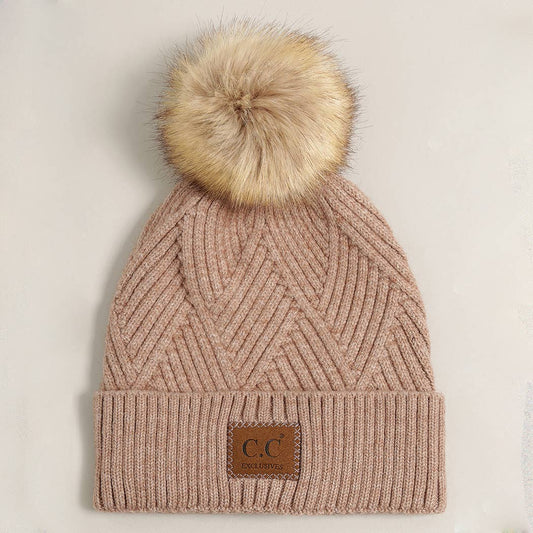 Heather Cuff Pom Hat in Light Taupe