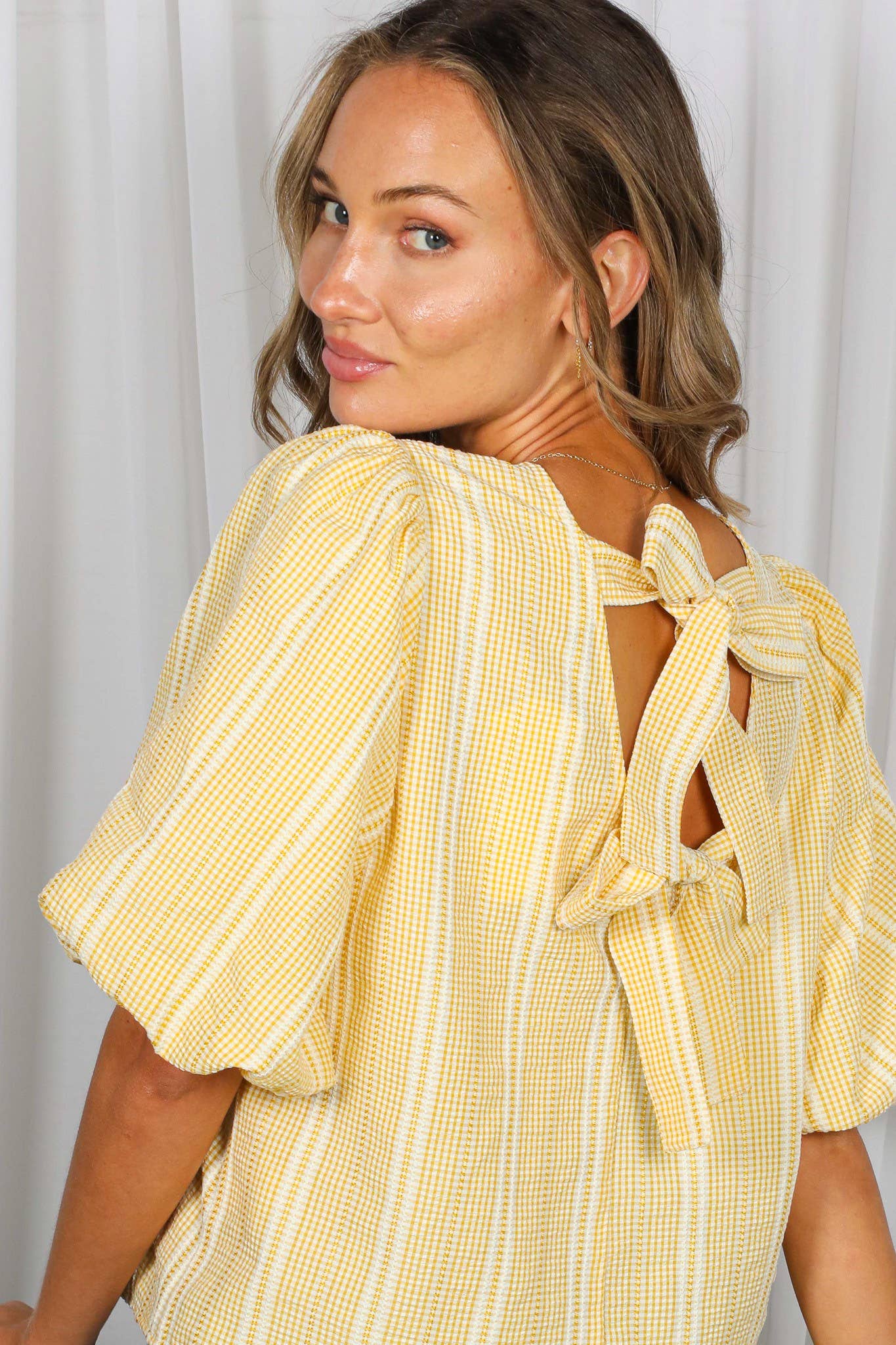 Plaid Bow Back Top in Yellow