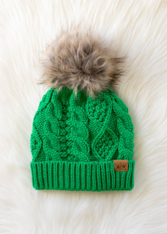 Bright Green Cable Knit Pom Hat