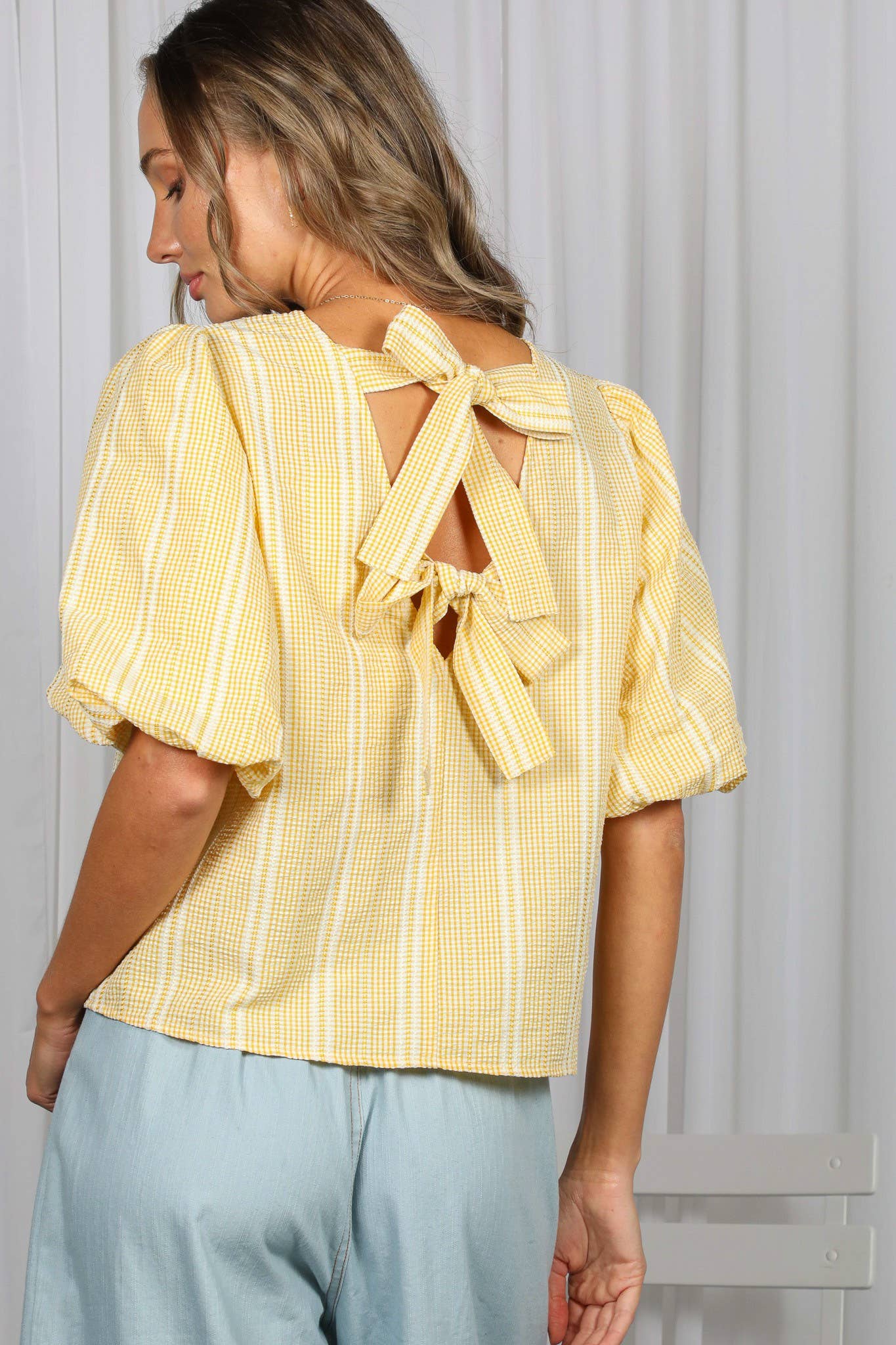Plaid Bow Back Top in Yellow