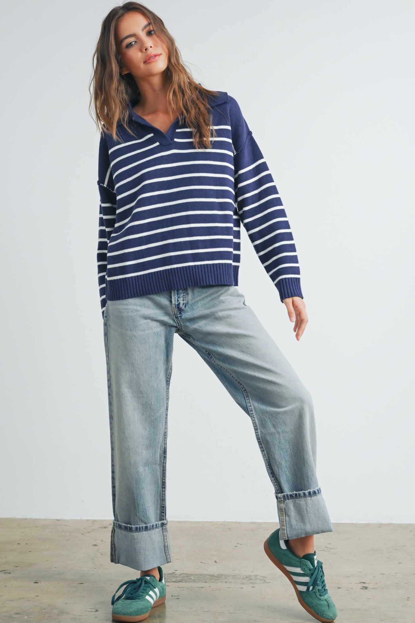 V Neck Striped Sweater in Navy