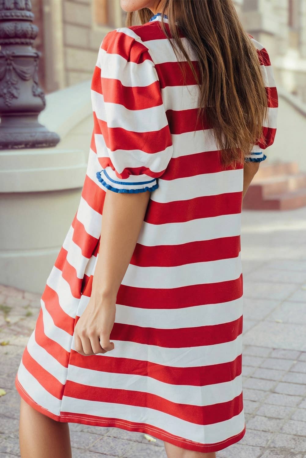 Striped Puff Sleeve Dress in Red