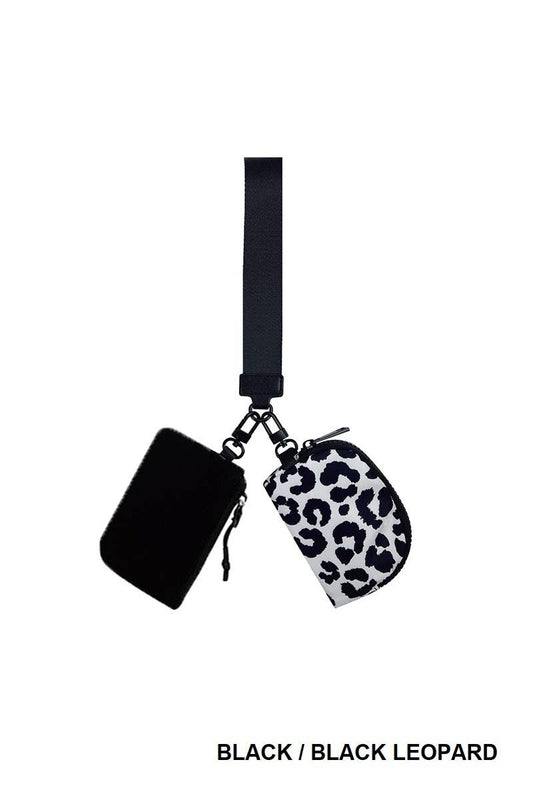 Dual Pouch Wristlet Keychain Wallet in Black/Black Leopard