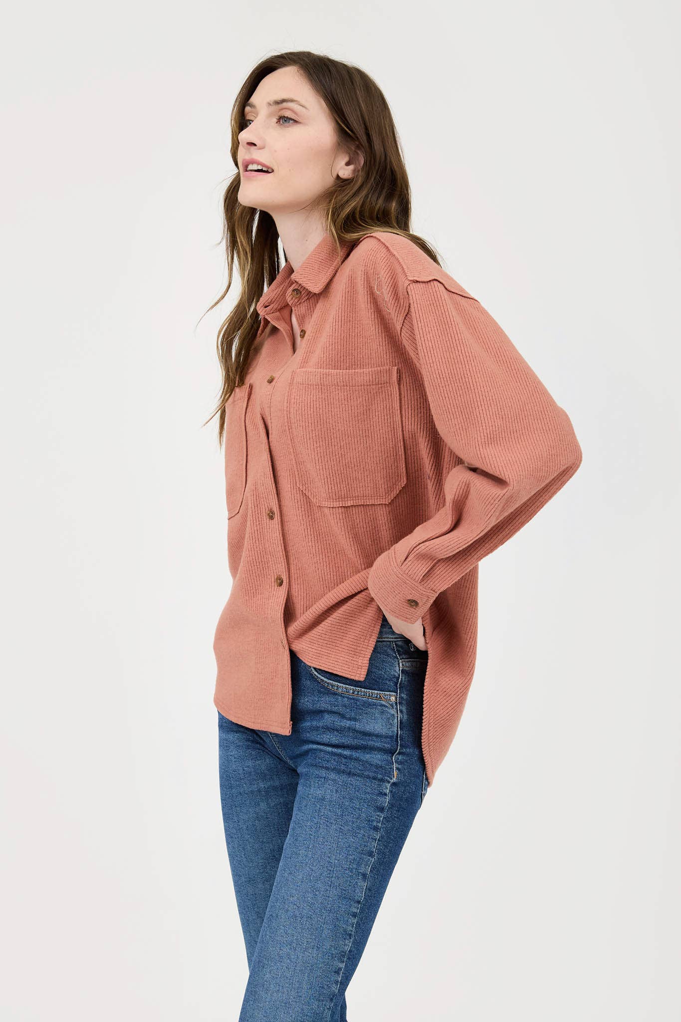 Exposed Seam Ribbed Button Up Top in Terracotta