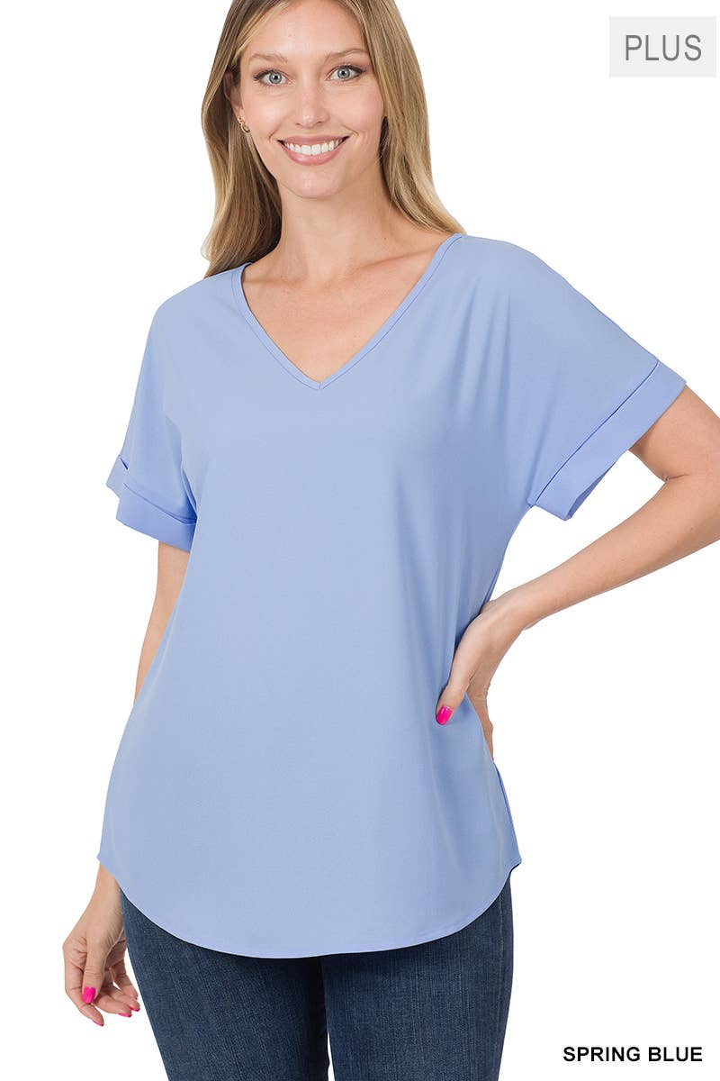 Plus Rolled Sleeve V Neck Top in Spring Blue