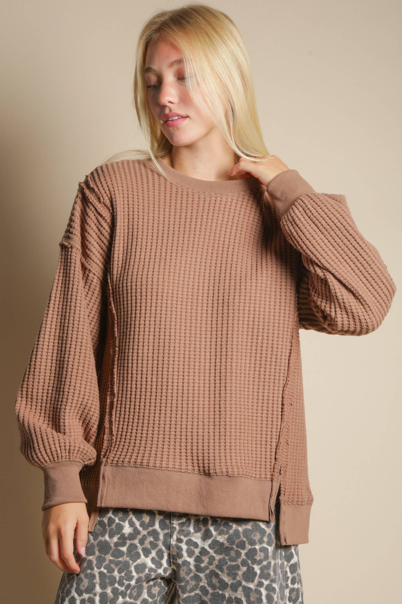 Oversized Waffle Knit Casual Top in Mocha