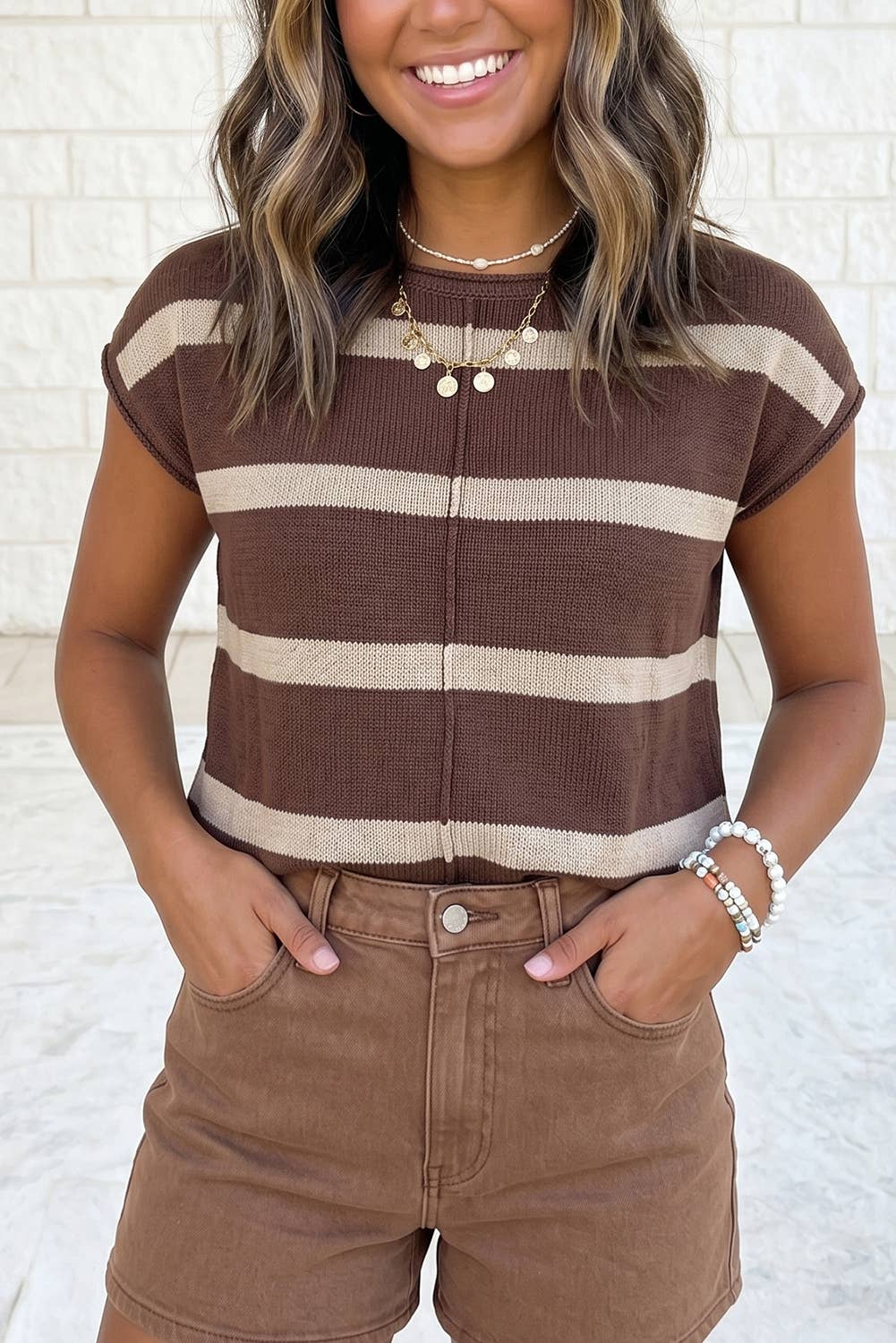 Striped Short Sleeve Sweater Top in Brown