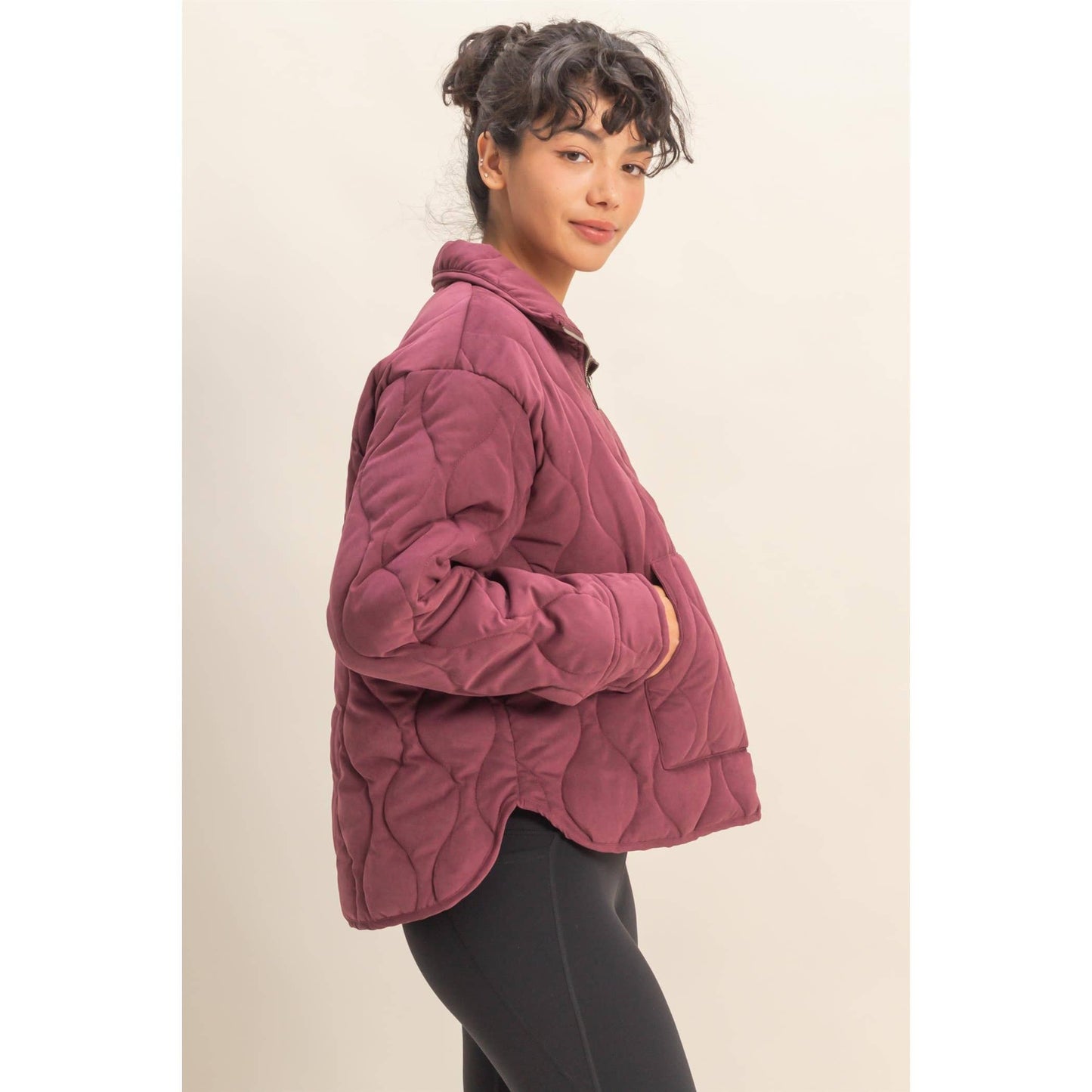 Quilted Half Zip Pullover in Dark Cherry