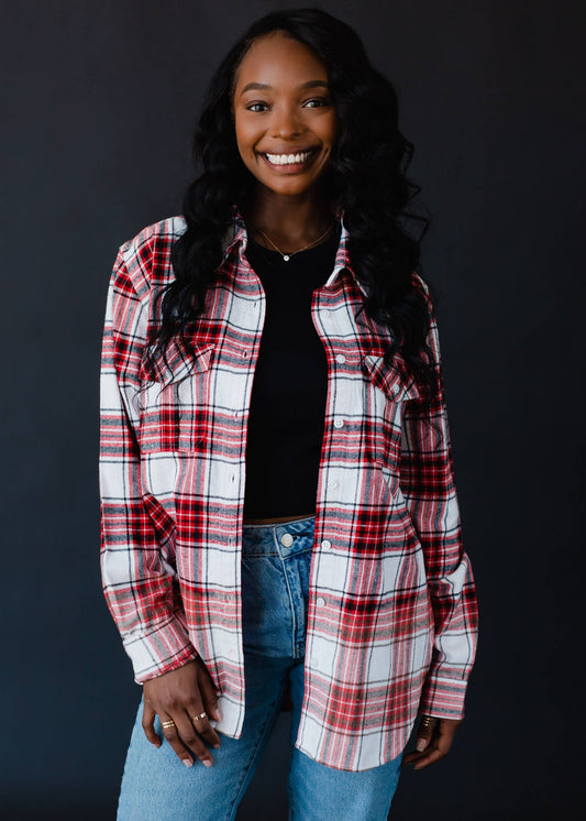 White, Black & Red Plaid Flannel