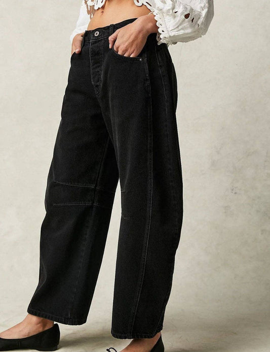 Washed Mid Rise Loose Barrel Denim in Black