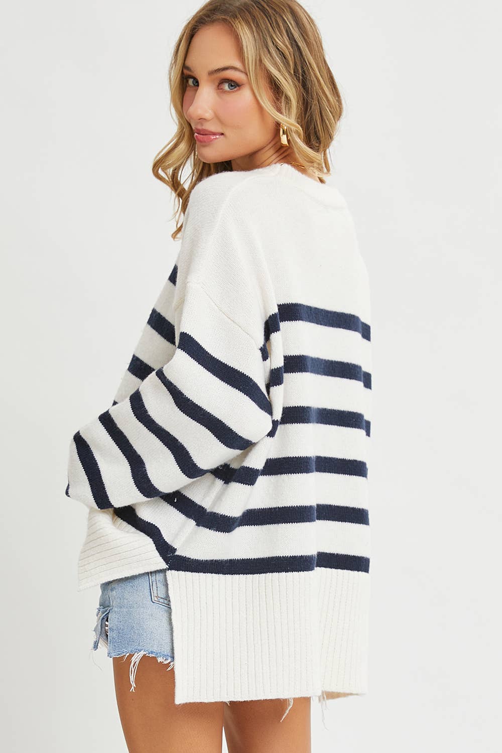 Striped Pullover Sweater in Cream/Navy