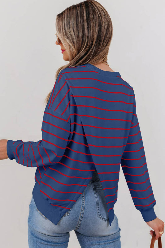Striped Overlap Loose Pullover in Blue