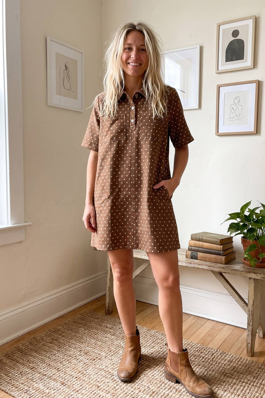 Polka Dot Denim Shirt Dress in Brown