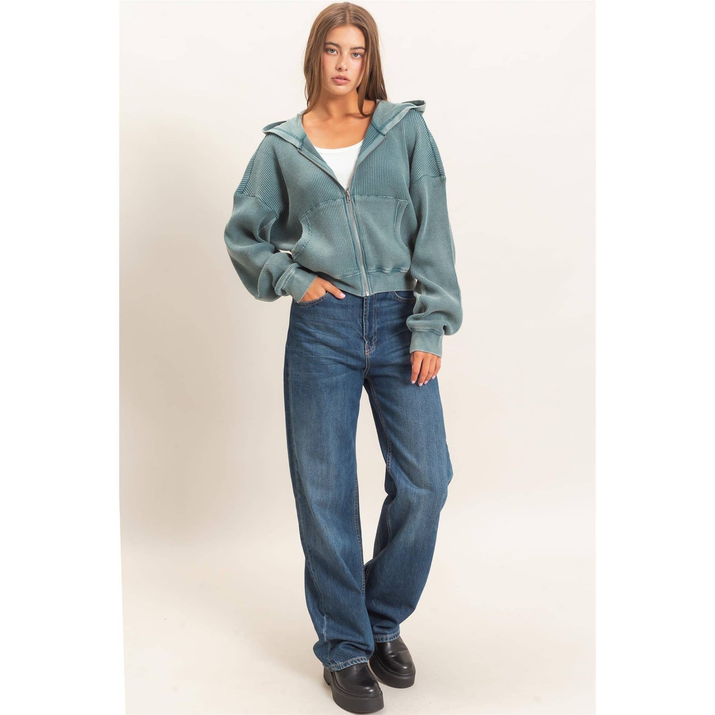 Acid Wash Waffle Knit Hoodie in Teal