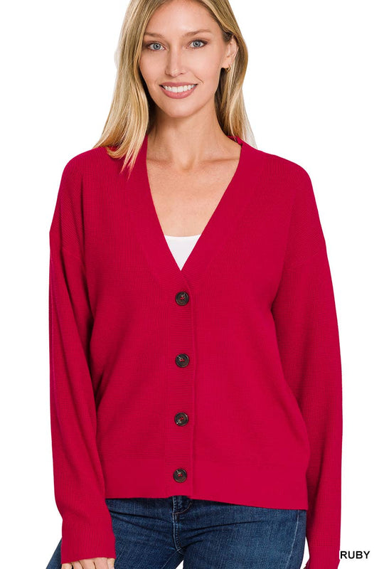 Drop Shoulder Button Cardigan in Ruby