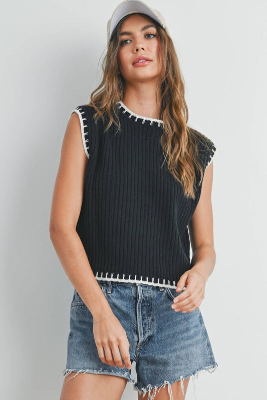 Solid Cap Sleeve Sweater Vest in Black