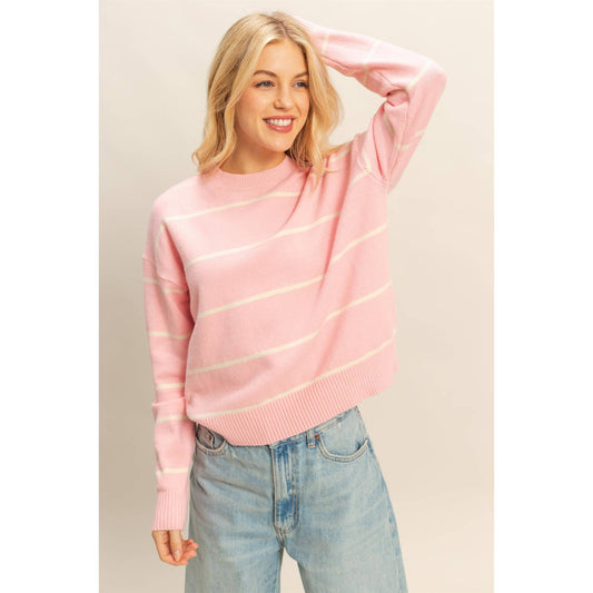 Striped Crew Sweater in Pink