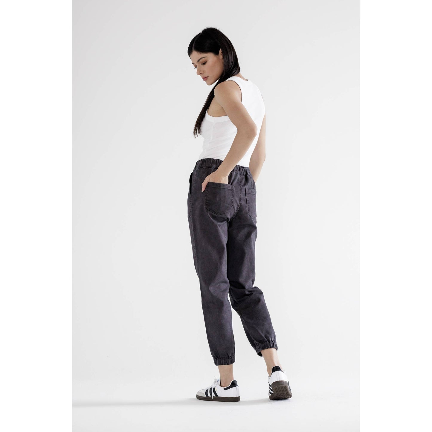 High Rise Cropped Denim Jogger in Charcoal Grey