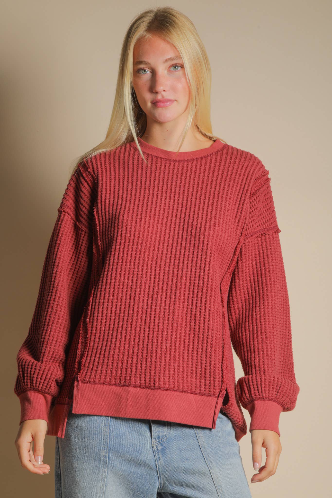LARGE - Oversized Waffle Knit Casual Top in Burgundy