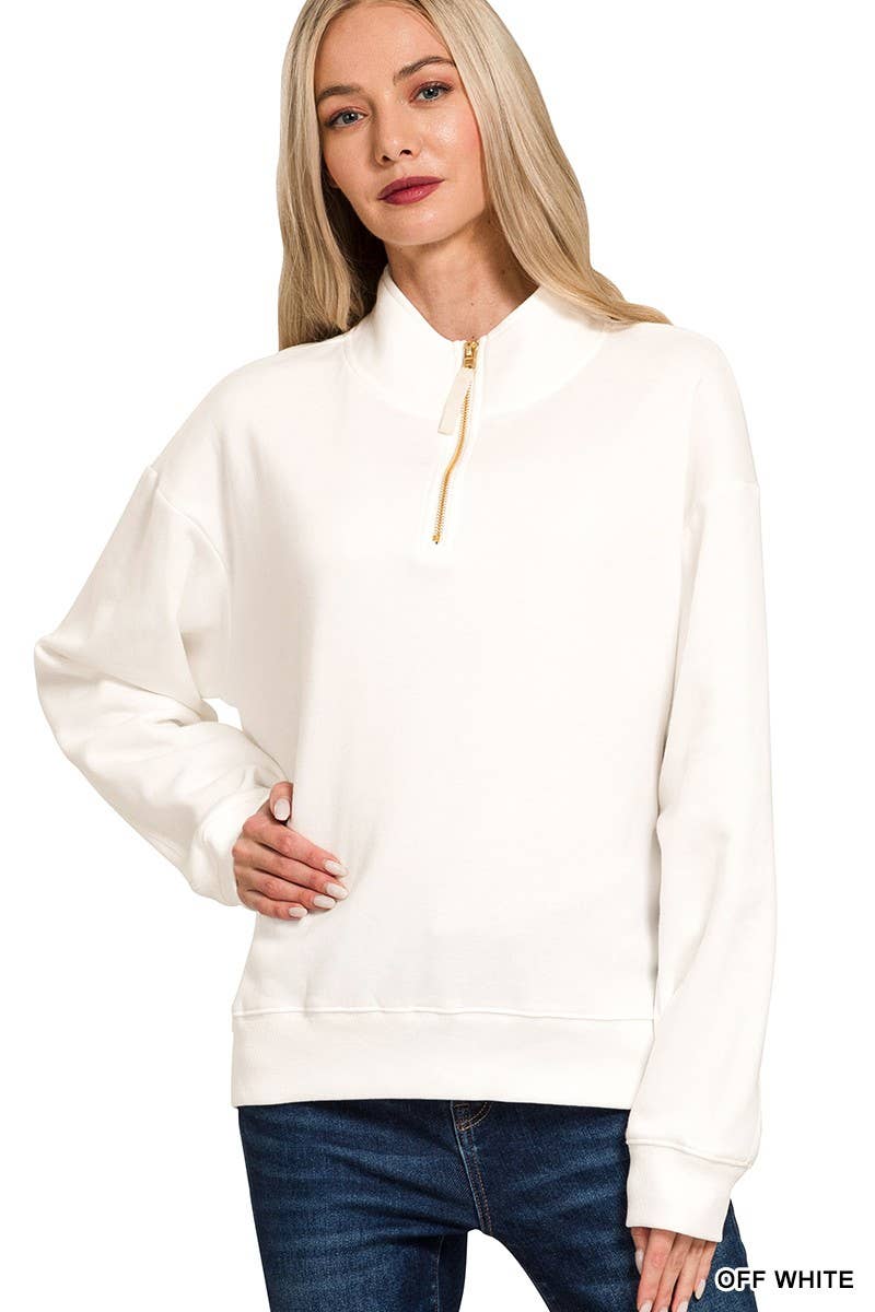 Fleece Half Zip Sweatshirt in Off White