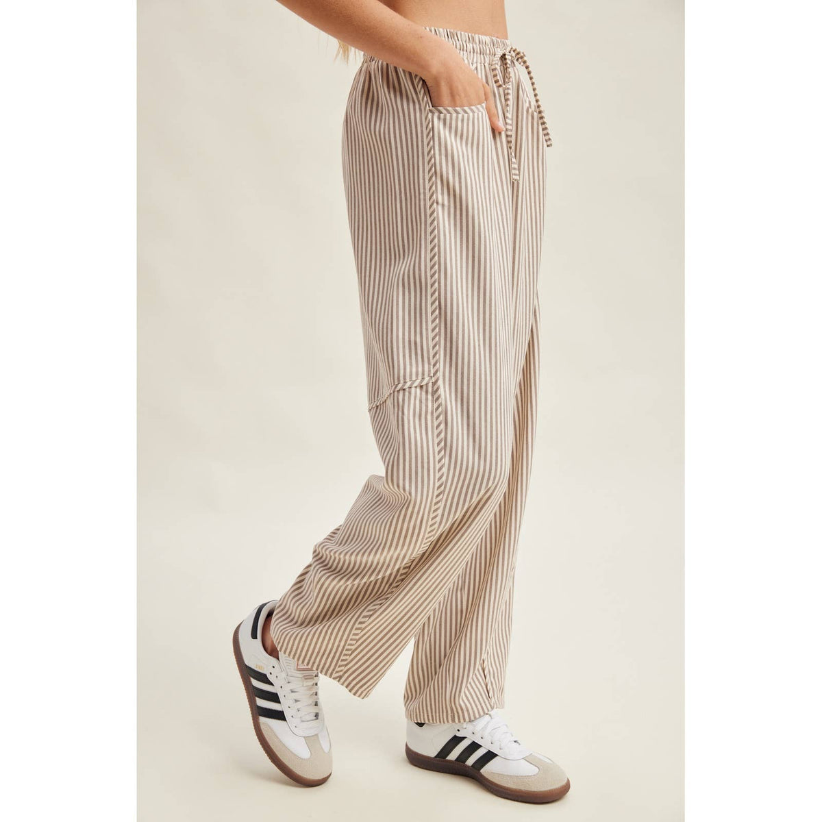 Striped Wide Leg Drawstring Pants in Cream/Brown