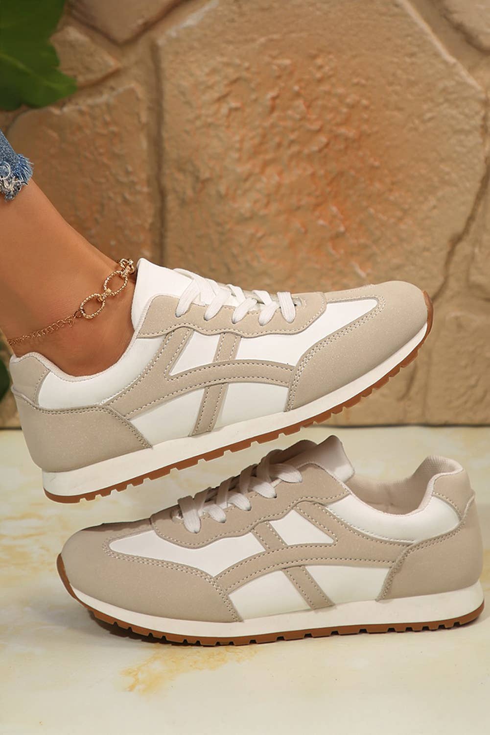 Color Block Lace Up Sneakers in Oatmeal