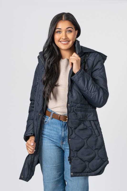Junior Long Quilted Hooded Coat in Black