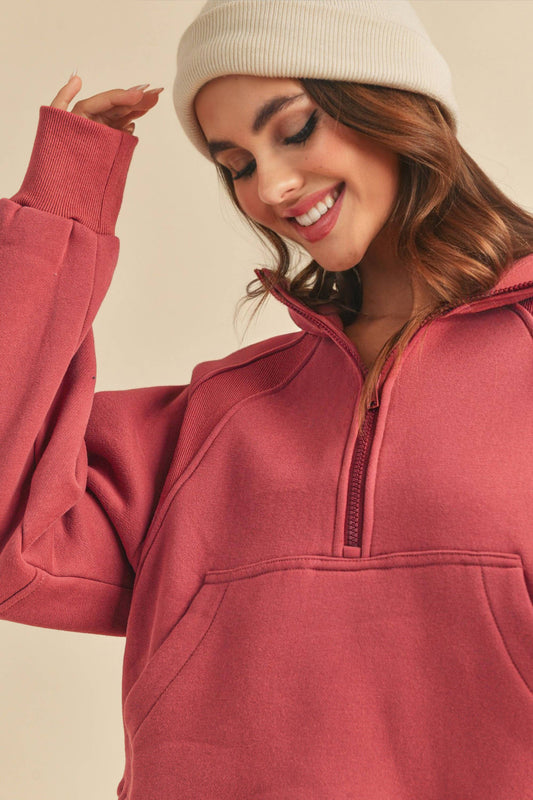 Funnel Neck Half Zip Pullover in Berry