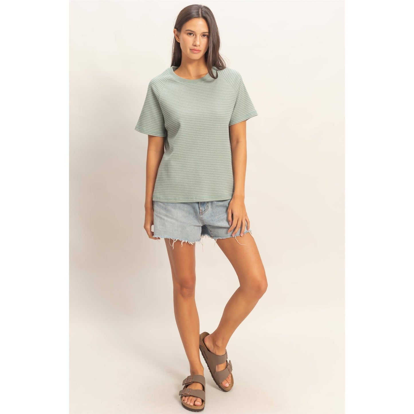 Striped Raglan Top in Sage Green