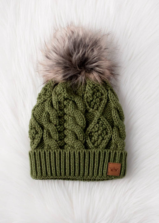 Olive Cable Knit Pom Hat