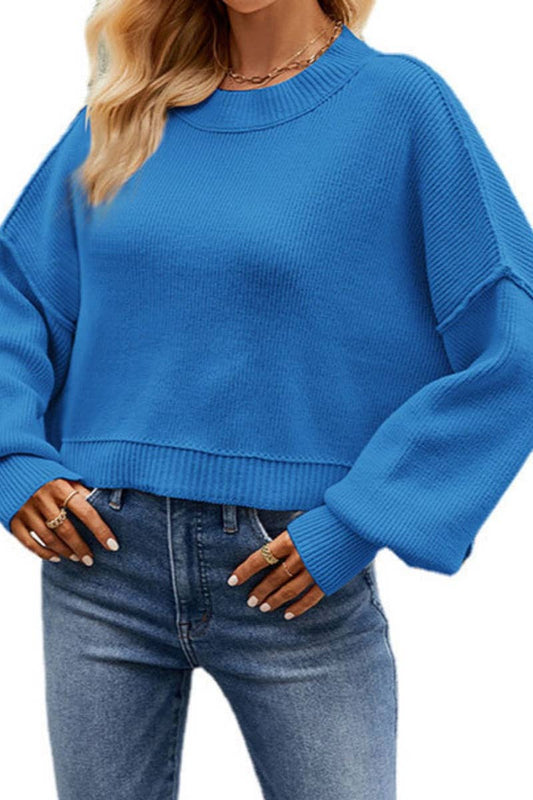 Cropped Side Slit Sweater in Blue