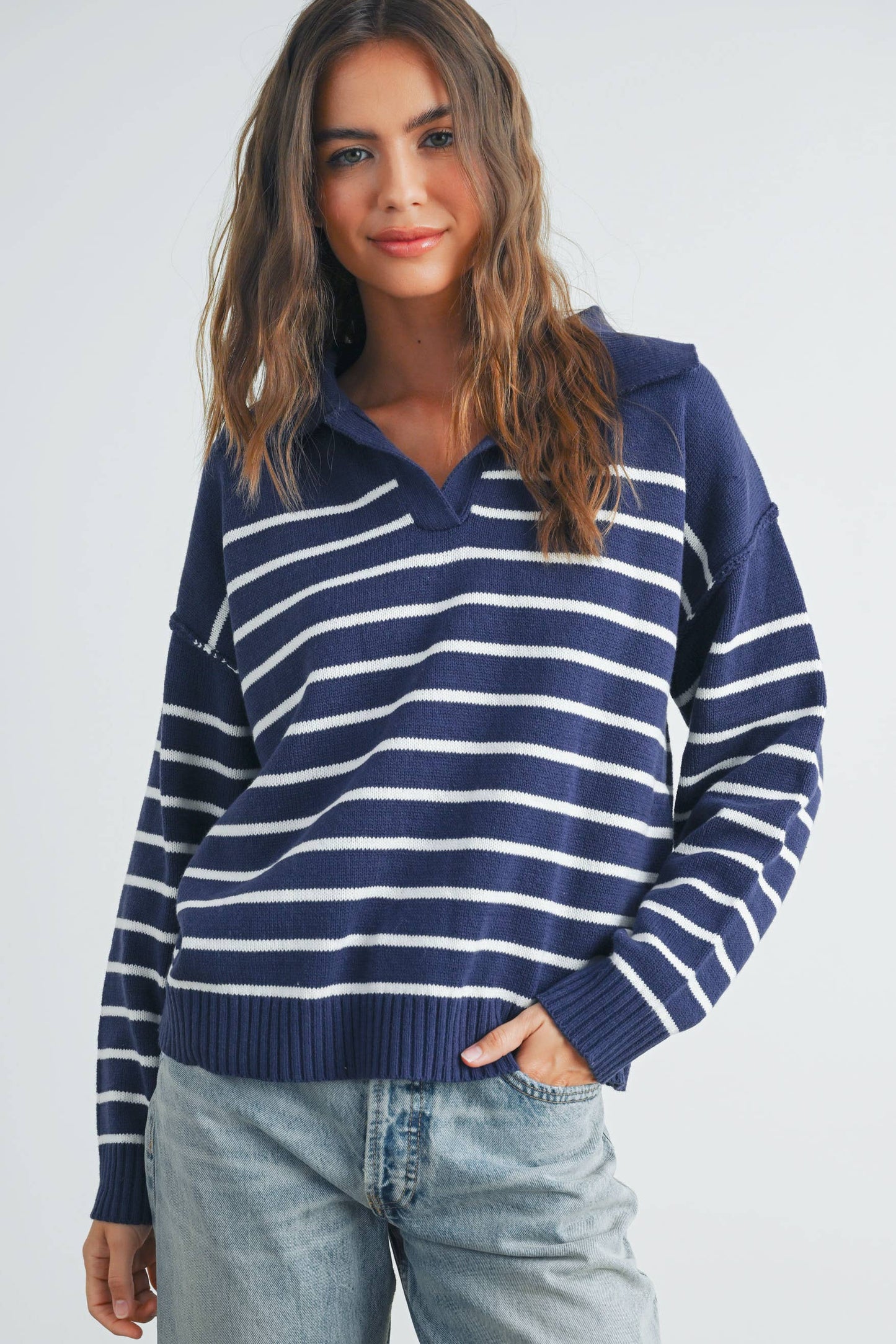 V Neck Striped Sweater in Navy