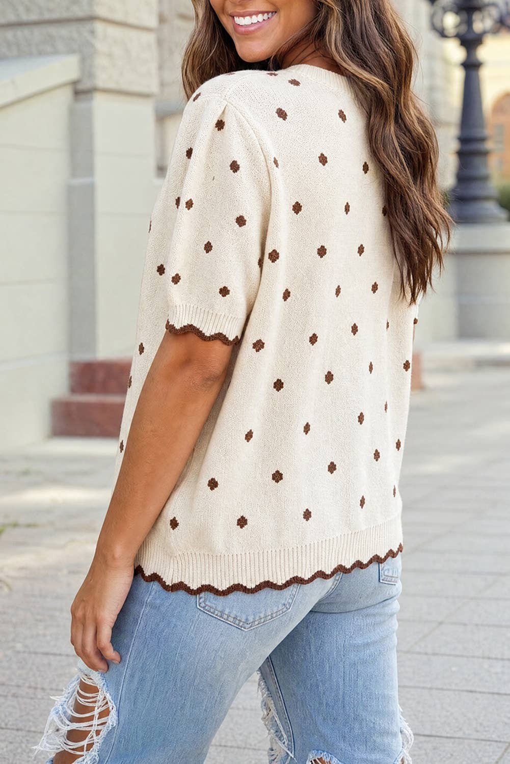 Short Sleeve Polka Dot Short Sweater in Beige