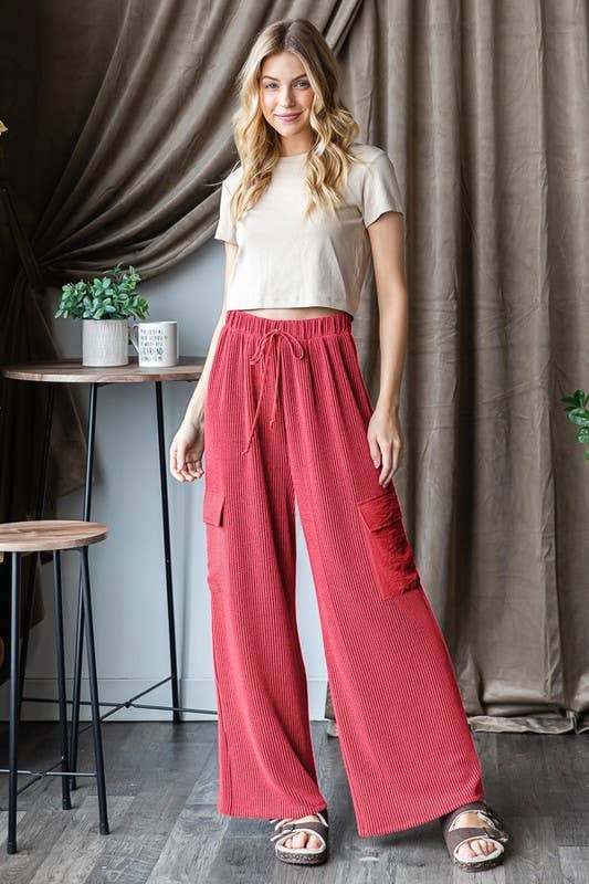 Solid Ribbed Casual Pants in Red
